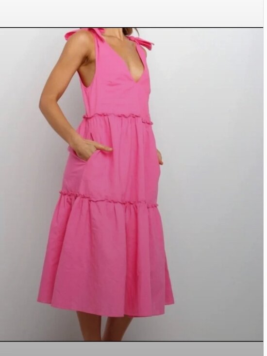 Petal & Pup Dresses & Skirts - Petal + Pup pink linen blend dress Hot Pink Tie-Shoulder Tiered Erenda 6